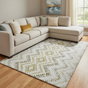 HomeRoots 9' X 12' Taupe Ivory Gold Geometric Area Rug - Washable, Stain Resistant, UV Protected for Durability 656123