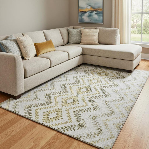 HomeRoots 9' X 12' Taupe Ivory Gold Geometric Area Rug - Washable, Stain Resistant, UV Protected for Durability 656123