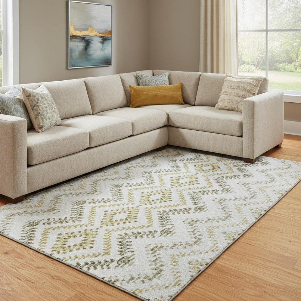 HomeRoots 10' X 14' Stylish Taupe Ivory Gold Geometric Area Rug - Washable, UV Protected & Stain-Resistant! 656124