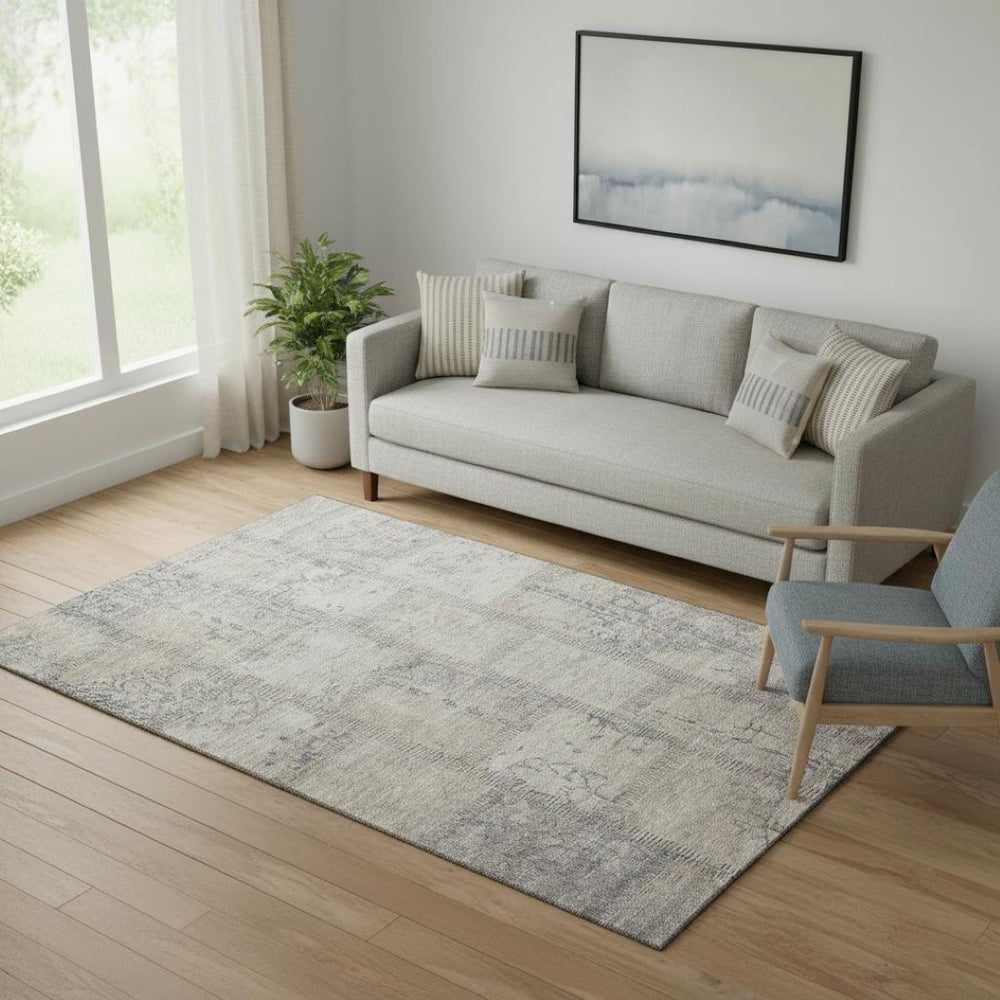 HomeRoots 5' X 8' Beige and Gray Patchwork Area Rug with UV Protection – Durable, Stain-Resistant, Washable Design 656126