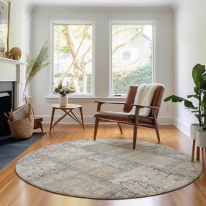 HomeRoots 8' Beige and Gray Patchwork Round Rug - Washable, UV-Protected, Stain-Resistant for Modern Homes 656127