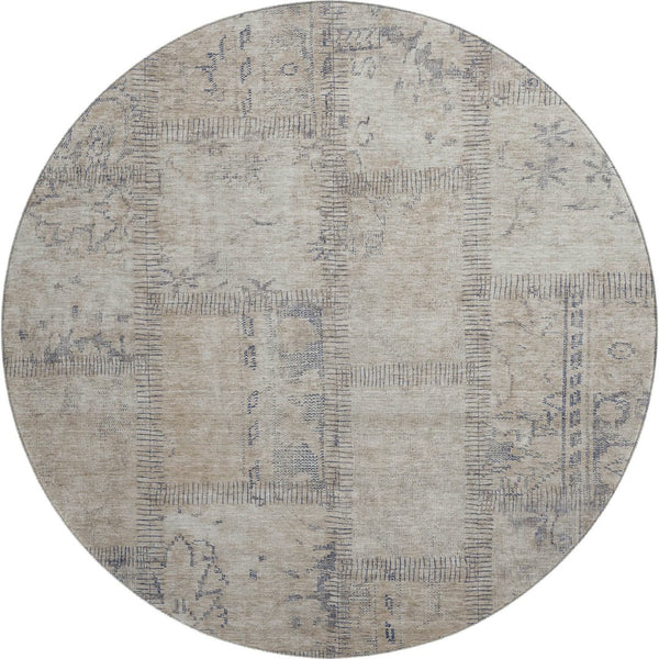 HomeRoots 8' Beige and Gray Patchwork Round Rug - Washable, UV-Protected, Stain-Resistant for Modern Homes 656127