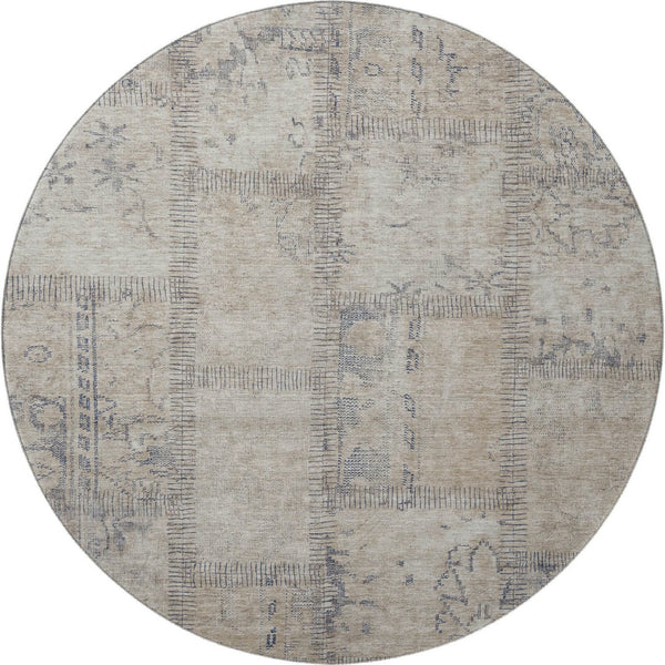 HomeRoots 8' Beige and Gray Patchwork Round Rug - Washable, UV-Protected, Stain-Resistant for Modern Homes 656127
