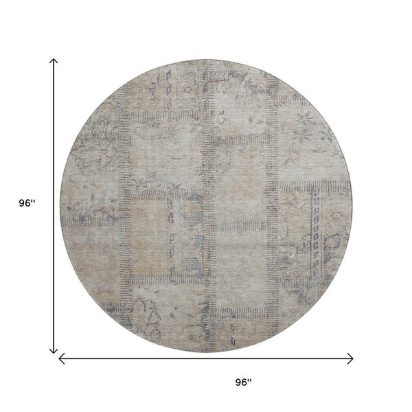 HomeRoots 8' Beige and Gray Patchwork Round Rug - Washable, UV-Protected, Stain-Resistant for Modern Homes 656127