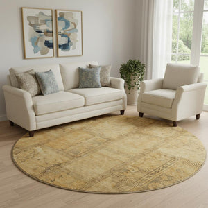 HomeRoots 8' Copper and Gray Patchwork Round Rug - Washable, UV-Protected, Stylish, Durable for Any Space 656145