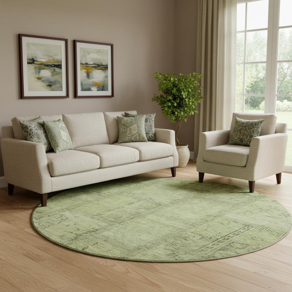 HomeRoots 8' Stylish Fern Green & Gray Patchwork Round Rug - Washable, UV Protected, Family-Friendly Design 656151