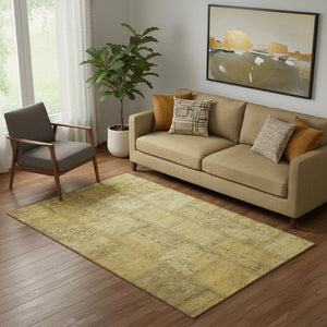 HomeRoots 5' X 8' Gold and Gray Patchwork Area Rug - Washable, UV Protected, Soft, Stylish for High-Traffic Spaces 656156