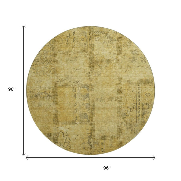 HomeRoots 8' Gold and Gray Patchwork Round Rug - Washable, UV-Protected, Stylish for Homes with Kids & Pets 656157