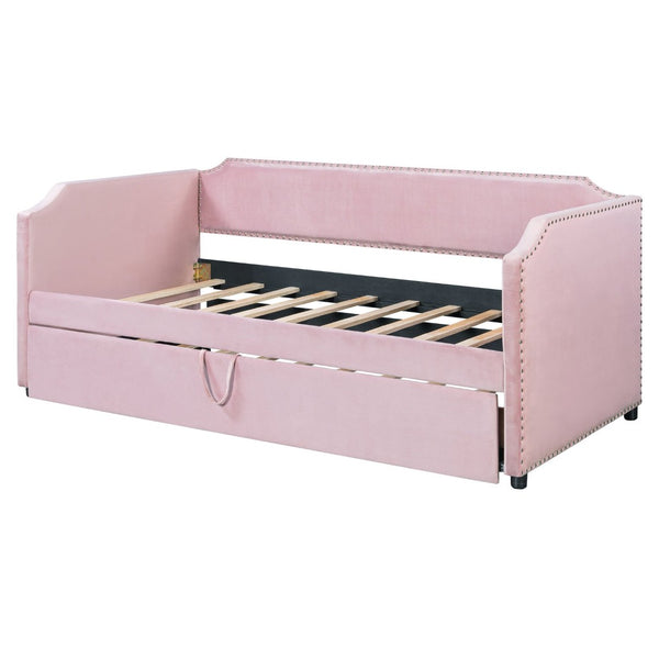 English Elm Twin Velvet Upholstered Daybed with Pop up Trundle for Guest or Kids Rooms Pink SF000197AAH