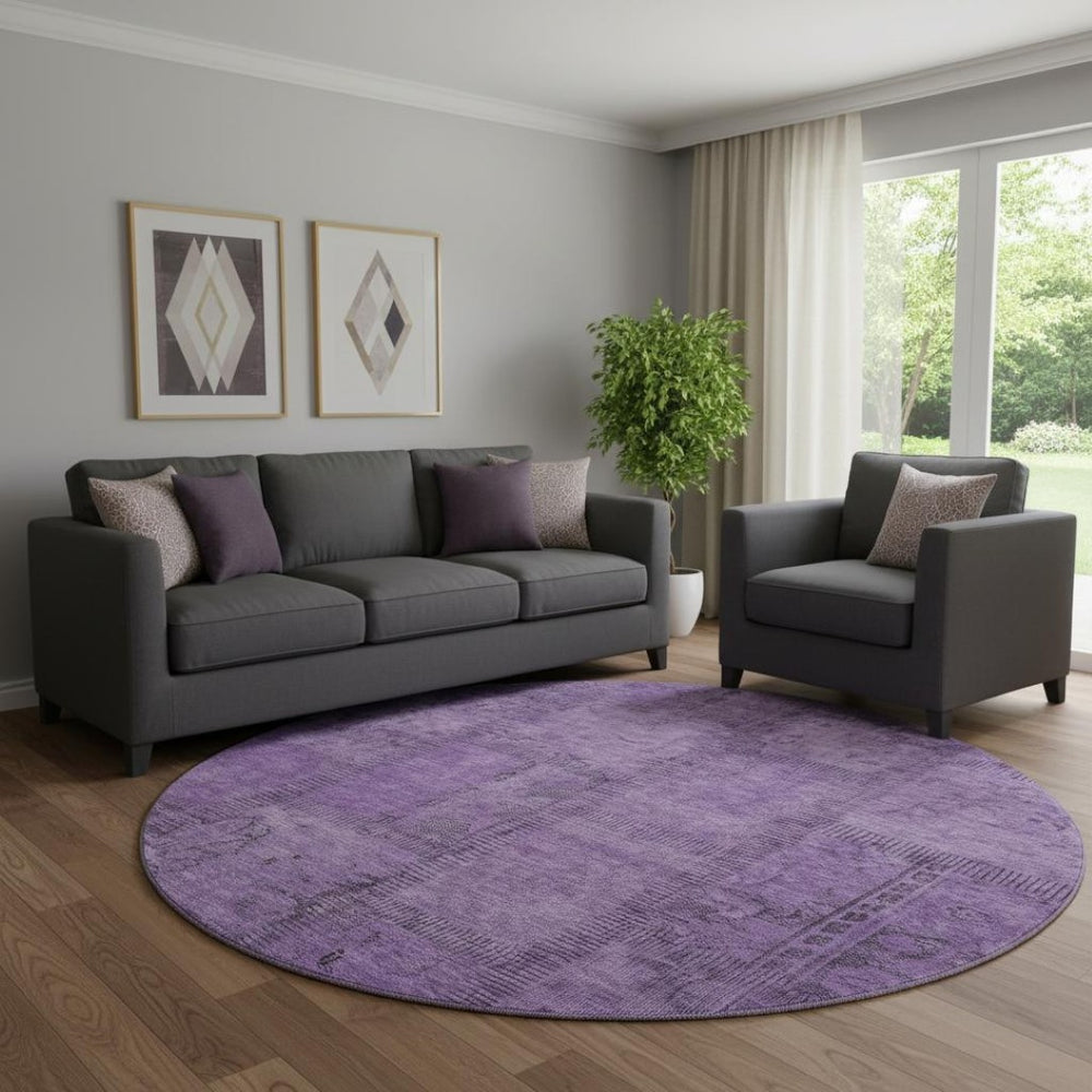 HomeRoots 8' Purple and Gray Patchwork Washable Round Rug – Stylish, Durable, UV-Protected for Any Space! 656163