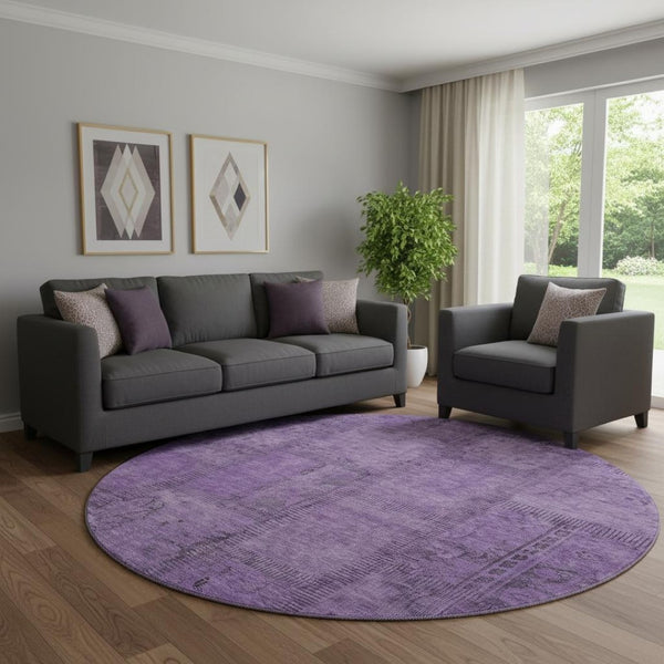 HomeRoots 8' Purple and Gray Patchwork Washable Round Rug – Stylish, Durable, UV-Protected for Any Space! 656163