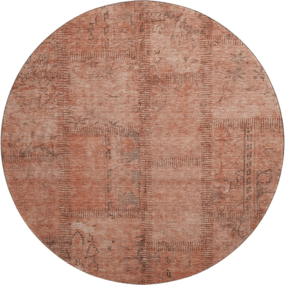 HomeRoots 8' Salmon and Gray Patchwork Round Rug - Washable, UV Protected, Durable Design for Modern Homes 656169