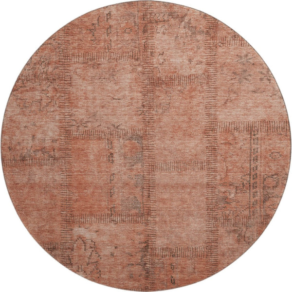 HomeRoots 8' Salmon and Gray Patchwork Round Rug - Washable, UV Protected, Durable Design for Modern Homes 656169