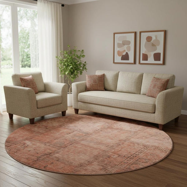 HomeRoots 8' Salmon and Gray Patchwork Round Rug - Washable, UV Protected, Durable Design for Modern Homes 656169