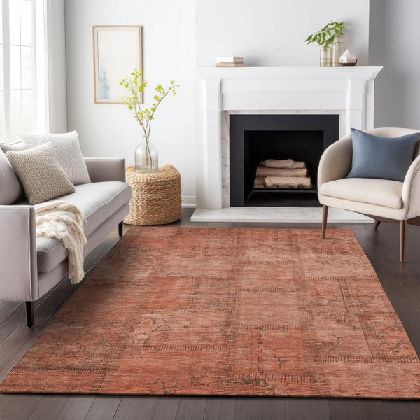HomeRoots 9' X 12' Salmon and Gray Patchwork Area Rug – Washable, UV-Protected, Durable Design for Every Room 656171