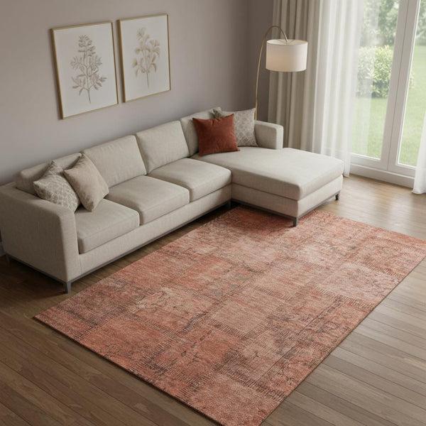 HomeRoots 9' X 12' Salmon and Gray Patchwork Area Rug – Washable, UV-Protected, Durable Design for Every Room 656171