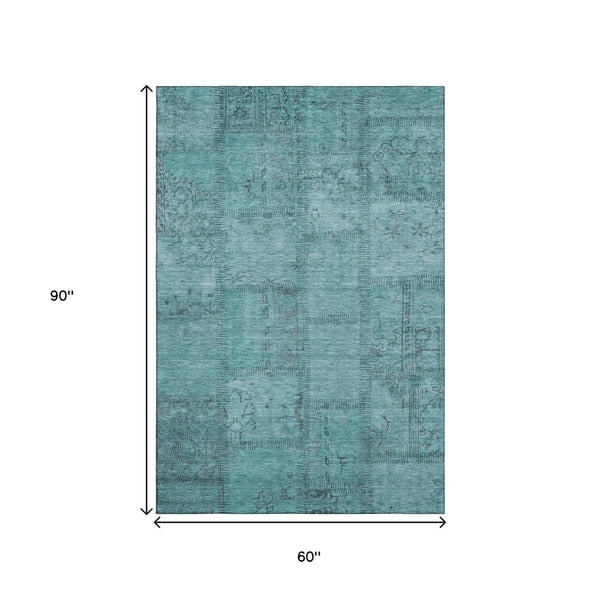 HomeRoots 5' X 8' Teal and Gray Patchwork Area Rug – Soft, Stain-Resistant, UV-Protected for Modern Homes 656174