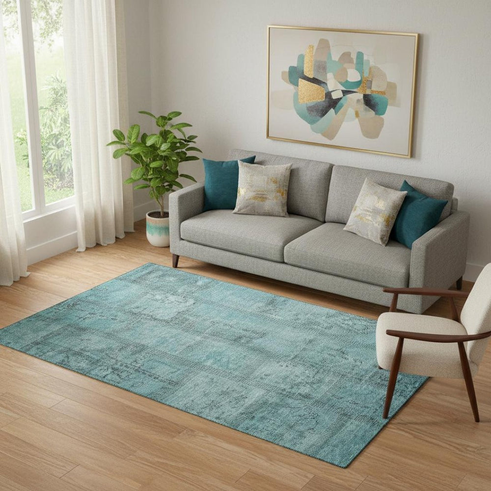 HomeRoots 5' X 8' Teal and Gray Patchwork Area Rug – Soft, Stain-Resistant, UV-Protected for Modern Homes 656174