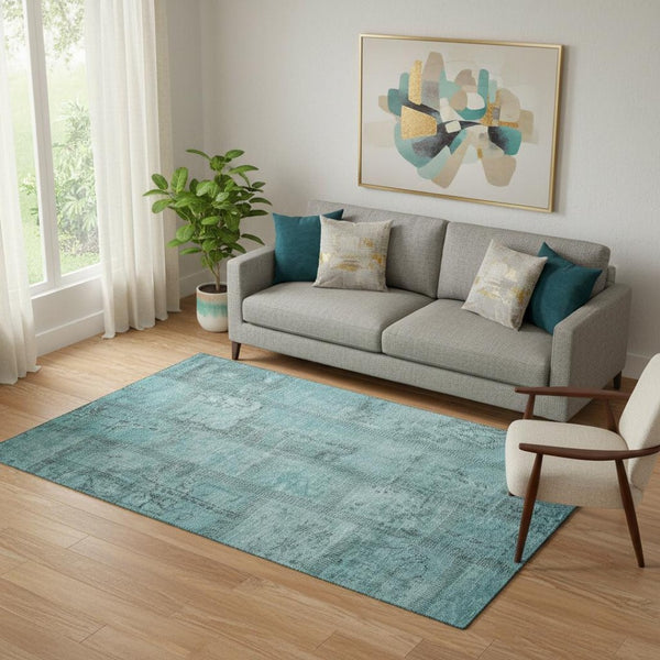 HomeRoots 5' X 8' Teal and Gray Patchwork Area Rug – Soft, Stain-Resistant, UV-Protected for Modern Homes 656174