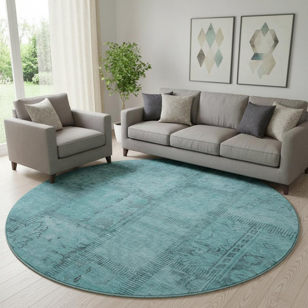 HomeRoots 8' Teal and Gray Patchwork Round Rug - Washable, Stain-Resistant with UV Protection for High Traffic Areas 656175