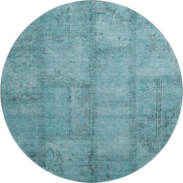 HomeRoots 8' Teal and Gray Patchwork Round Rug - Washable, Stain-Resistant with UV Protection for High Traffic Areas 656175