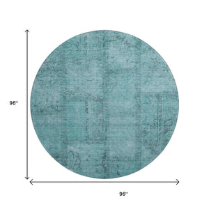HomeRoots 8' Teal and Gray Patchwork Round Rug - Washable, Stain-Resistant with UV Protection for High Traffic Areas 656175