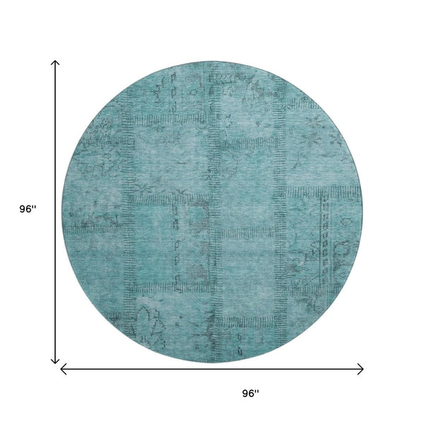 HomeRoots 8' Teal and Gray Patchwork Round Rug - Washable, Stain-Resistant with UV Protection for High Traffic Areas 656175