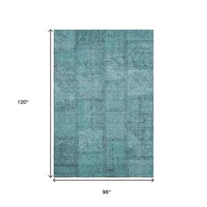 HomeRoots 8' X 10' Teal and Gray Patchwork Washable Area Rug – Stain Resistant, UV Protected, Stylish Comfort 656176