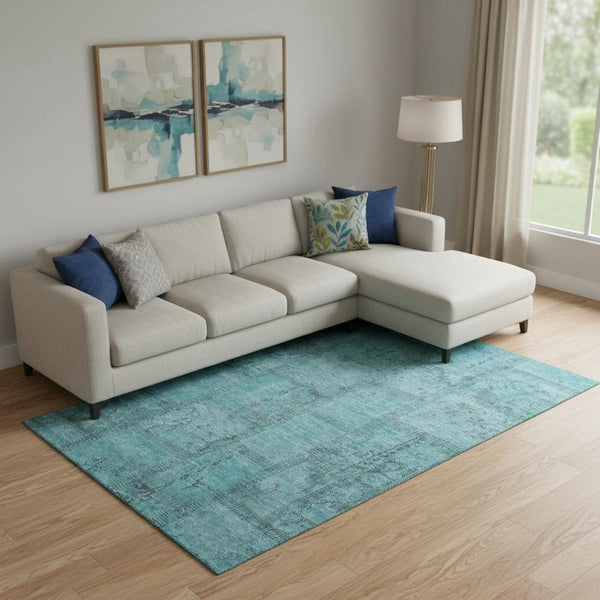 HomeRoots 8' X 10' Teal and Gray Patchwork Washable Area Rug – Stain Resistant, UV Protected, Stylish Comfort 656176