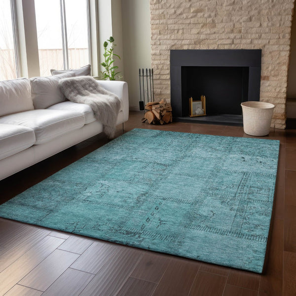 HomeRoots 8' X 10' Teal and Gray Patchwork Washable Area Rug – Stain Resistant, UV Protected, Stylish Comfort 656176
