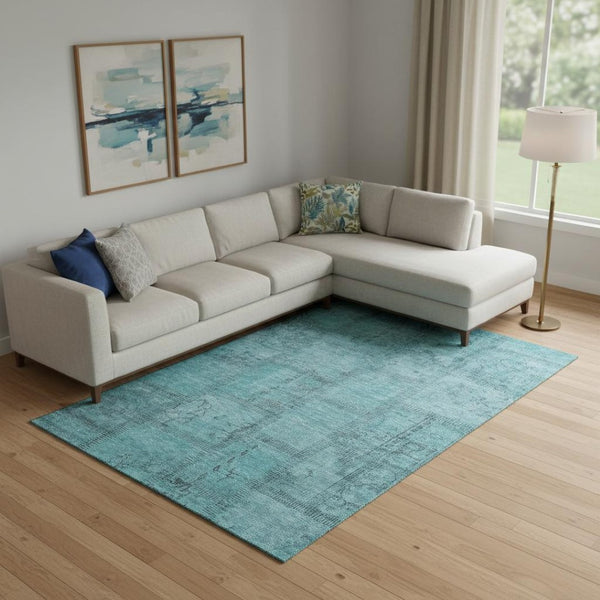 HomeRoots 9' X 12' Stylish Teal and Gray Patchwork Area Rug – Washable, UV Protected, Perfect for Active Spaces! 656177