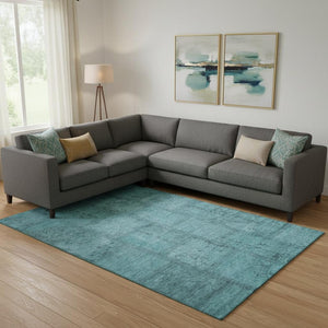 HomeRoots 10' Teal and Gray Patchwork Area Rug - Washable, Stain Resistant, UV Protected for High-Traffic Homes 656178