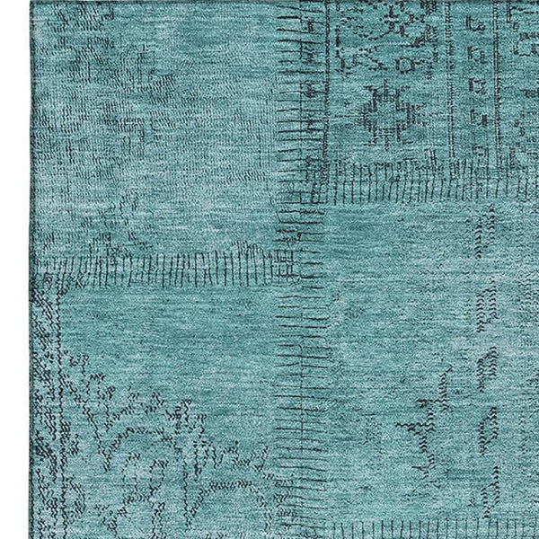 HomeRoots 10' Teal and Gray Patchwork Area Rug - Washable, Stain Resistant, UV Protected for High-Traffic Homes 656178