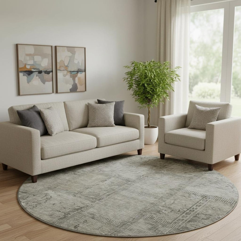 HomeRoots 8' Washable Taupe and Gray Patchwork Round Rug with UV Protection for Stylish, Everyday Use 656181