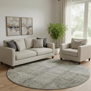 HomeRoots 8' Washable Taupe and Gray Patchwork Round Rug with UV Protection for Stylish, Everyday Use 656181
