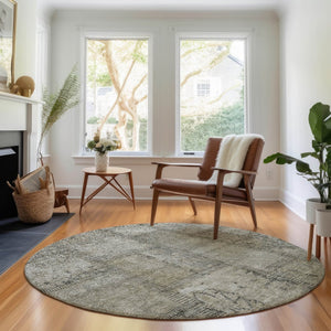 HomeRoots 8' Washable Taupe and Gray Patchwork Round Rug with UV Protection for Stylish, Everyday Use 656181