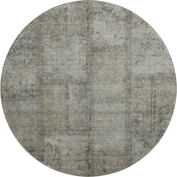 HomeRoots 8' Washable Taupe and Gray Patchwork Round Rug with UV Protection for Stylish, Everyday Use 656181