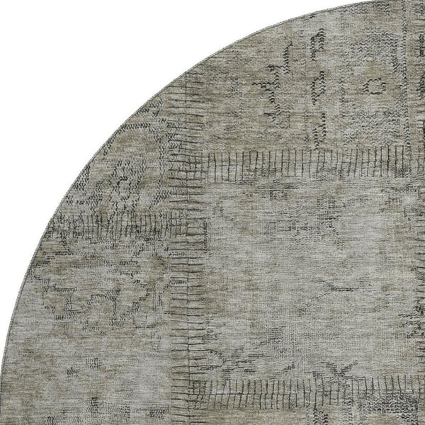 HomeRoots 8' Washable Taupe and Gray Patchwork Round Rug with UV Protection for Stylish, Everyday Use 656181