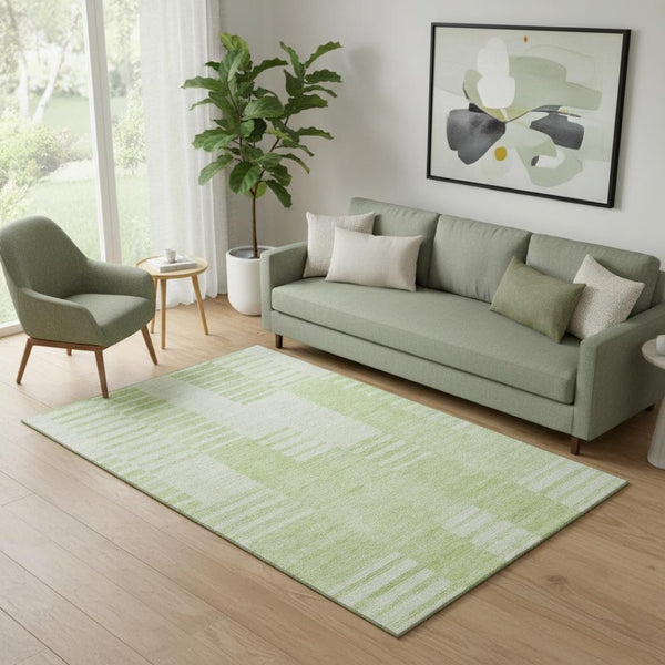 HomeRoots 5' X 8' Stylish Artichoke Green Striped Area Rug - Washable, UV Protected, Perfect for High-Traffic Spaces 656186