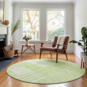 HomeRoots 8' Artichoke Green & Ivory Striped Washable Round Rug - Durable, UV-Protected, Stain-Resistant Design 656187