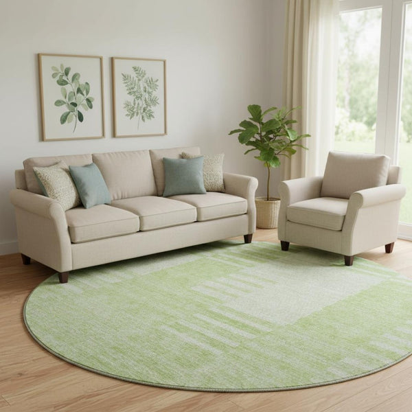 HomeRoots 8' Artichoke Green & Ivory Striped Washable Round Rug - Durable, UV-Protected, Stain-Resistant Design 656187