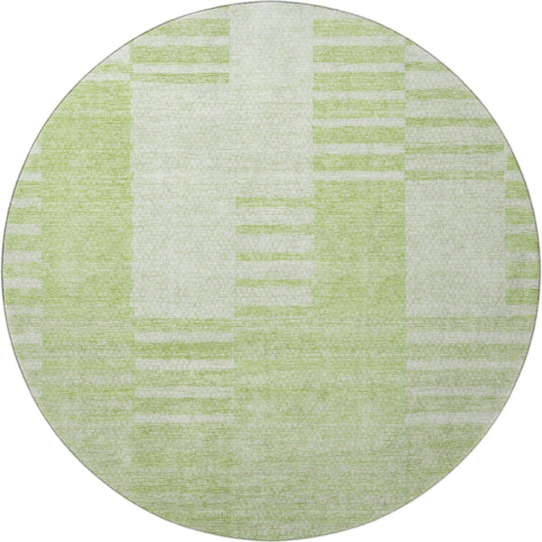 HomeRoots 8' Artichoke Green & Ivory Striped Washable Round Rug - Durable, UV-Protected, Stain-Resistant Design 656187