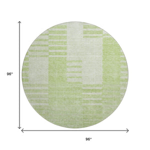 HomeRoots 8' Artichoke Green & Ivory Striped Washable Round Rug - Durable, UV-Protected, Stain-Resistant Design 656187