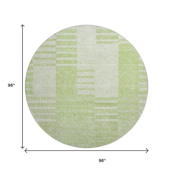 HomeRoots 8' Artichoke Green & Ivory Striped Washable Round Rug - Durable, UV-Protected, Stain-Resistant Design 656187