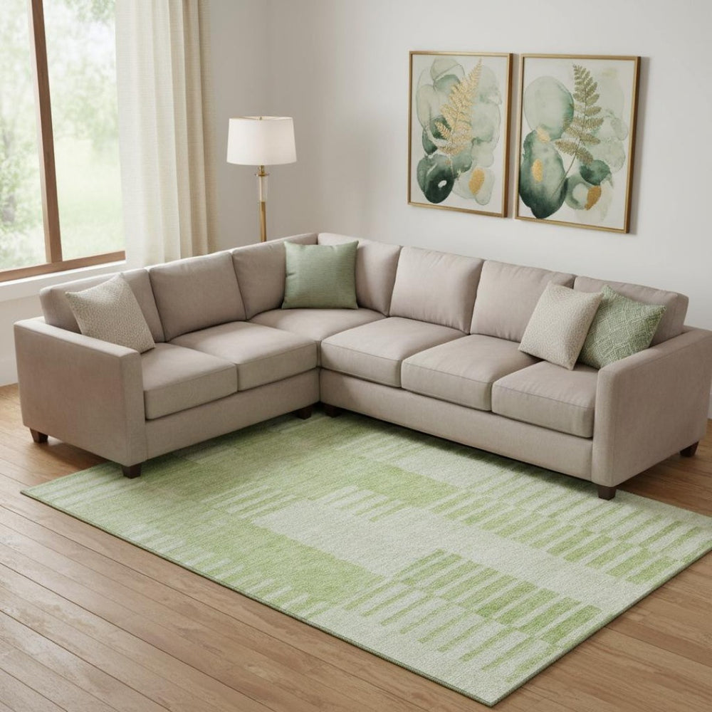 HomeRoots 9' X 12' Artichoke Green & Ivory Striped Washable Area Rug - Stain Resistant with UV Defense! 656189
