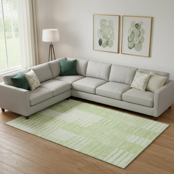 HomeRoots 10' Artichoke Green & Ivory Striped Washable Area Rug - Durable, Stain-Resistant, UV-Protected Comfort 656190