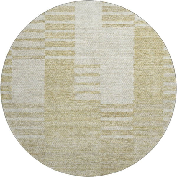 HomeRoots 8' Washable Beige and Ivory Striped Round Rug with UV Protection for Stylish, Easy Care Living Spaces 656193