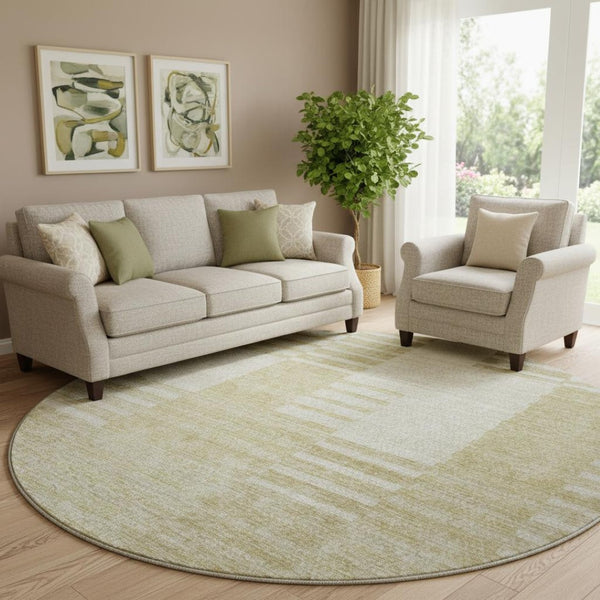 HomeRoots 8' Washable Beige and Ivory Striped Round Rug with UV Protection for Stylish, Easy Care Living Spaces 656193