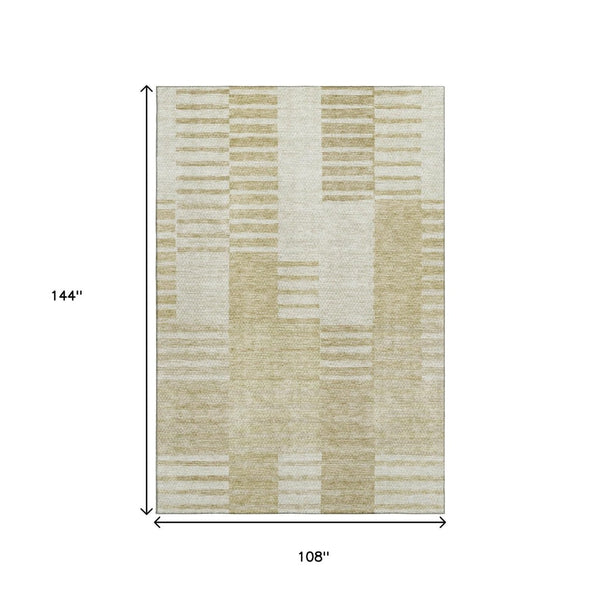 HomeRoots 9' X 12' Beige and Ivory Striped Washable Area Rug - Durable, Stylish, UV-Protected for Everyday Use 656195