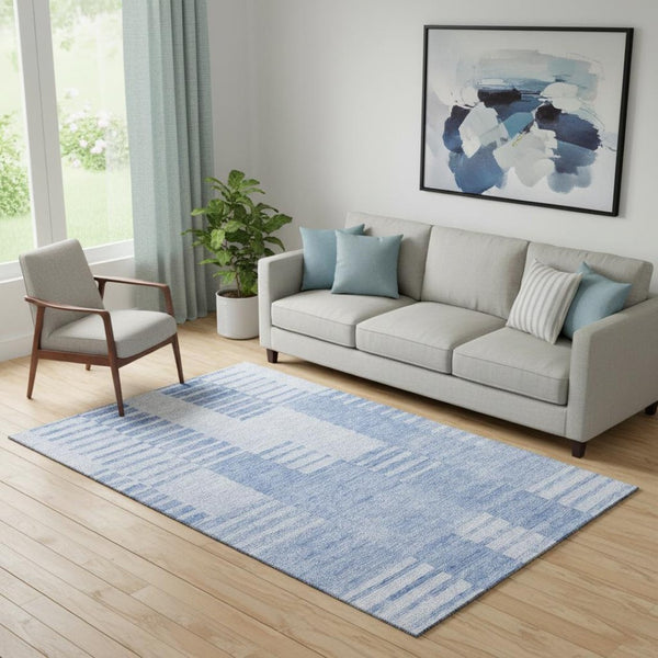 HomeRoots 5' X 8' Blue and Ivory Striped Washable Area Rug - Durable, Stain Resistant, UV Protected Charm! 656198